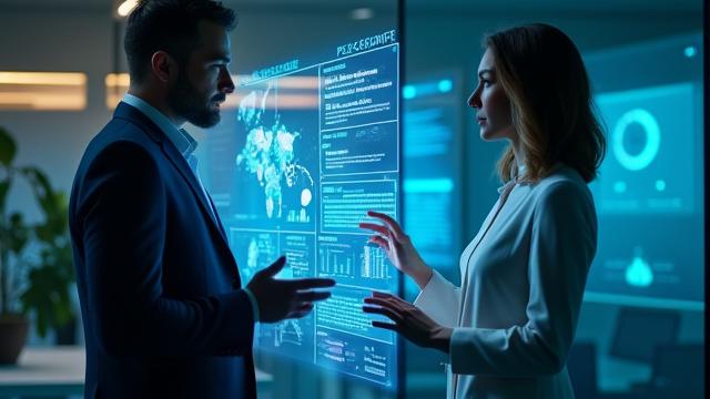 Business professionals strategizing around a holographic display of future technology, for IT strategy.